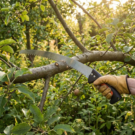 A gloved hand uses the Trojan Carbon Steel Pruning Saw to cut a tree branch in a leafy garden—ideal for garden maintenance and pruning thicker branches.
