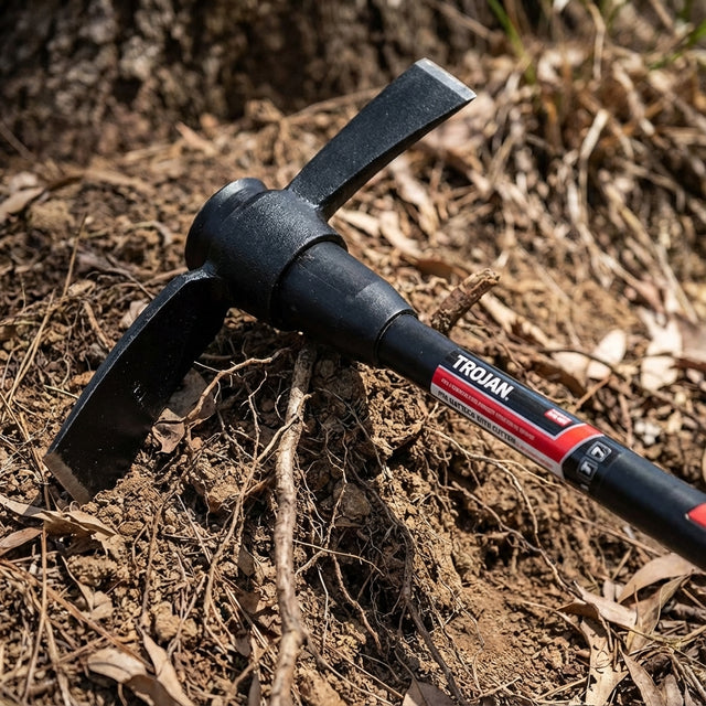 The Trojan Fibreglass Handle Mattock With Cutter End - 2kg sits on dry soil among roots and dried leaves, highlighting its durable black fiberglass handle and robust cutter end.