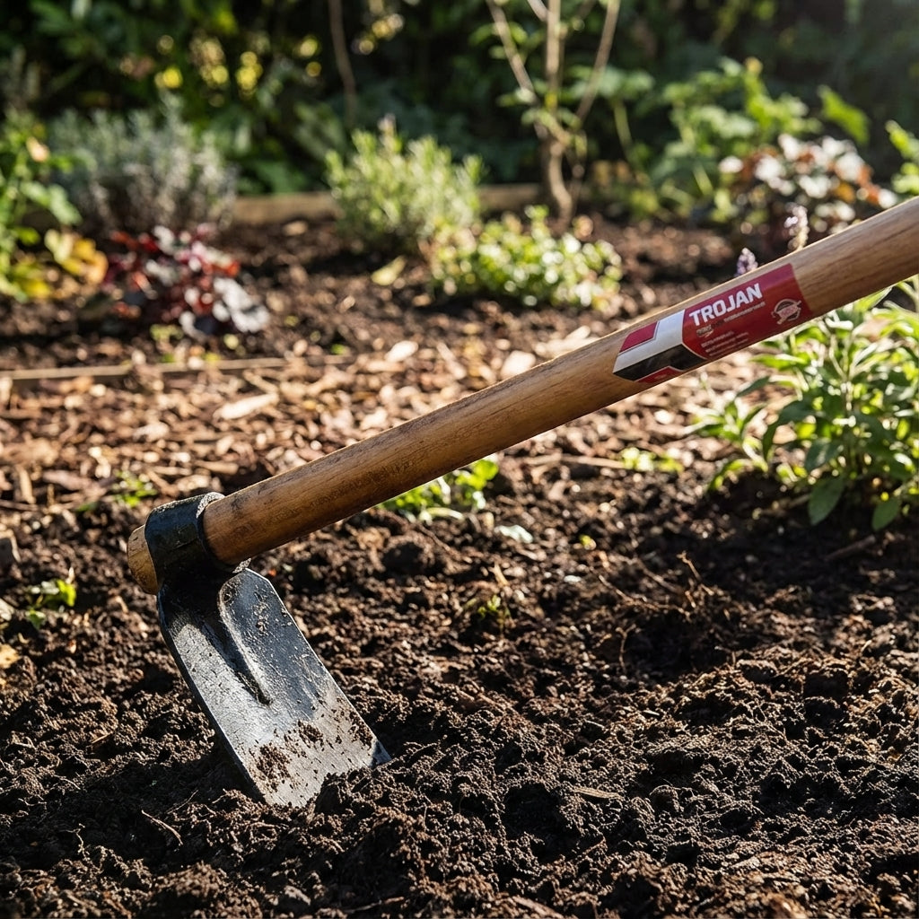 The Trojan Hardwood Chipping Hoe, featuring a sturdy wooden handle, effortlessly breaks up soil in a sunlit garden bed.