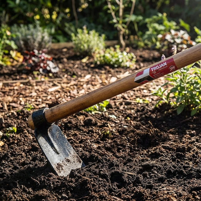 The Trojan Hardwood Chipping Hoe, featuring a sturdy wooden handle, effortlessly breaks up soil in a sunlit garden bed.