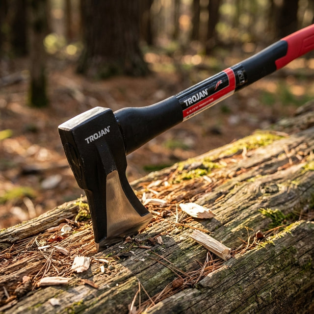 The Trojan Splitter Axe - 2kg, featuring a high carbon steel blade in black and red, is wedged into a mossy log, ready for firewood preparation in a sunlit forest.