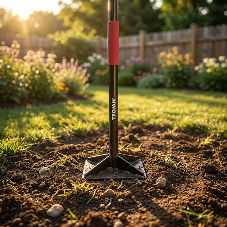 The Trojan Tamper - 205mm, featuring an all-steel build and a red handle, stands on soil in a sunlit backyard garden, ready for heavy-duty compaction tasks.