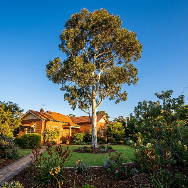A Tuart (Eucalyptus gomphocephala), an Australian native tree, stands in a garden with a brick house and clear blue sky in the background.