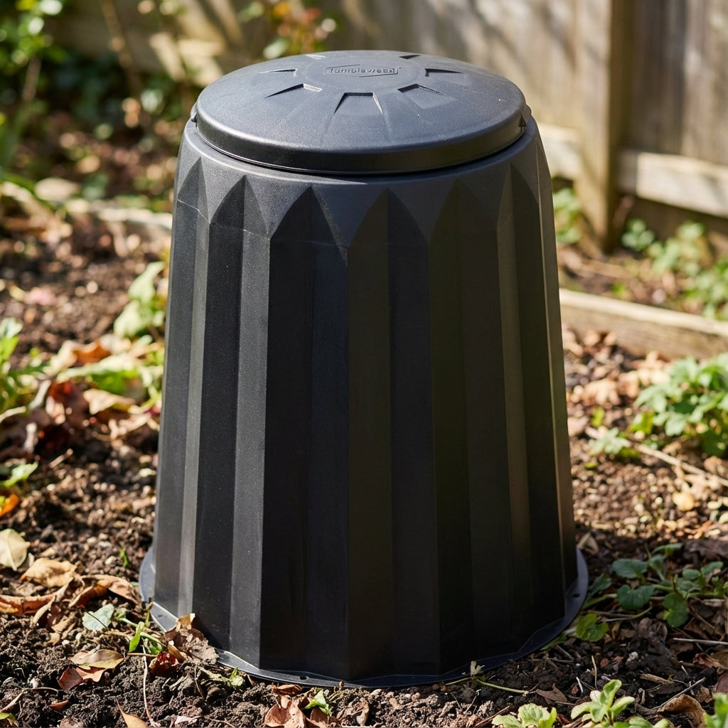 A Tumbleweed 150L Gedye Compost Bin sits on garden soil, surrounded by dry leaves and a wooden fence—this compact compost bin is perfect for small spaces.