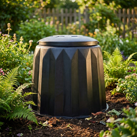 The Tumbleweed 400L Gedye Compost Bin, made in Australia, sits among green plants and flowers in a garden, offering an eco-friendly solution for recycling organic waste.
