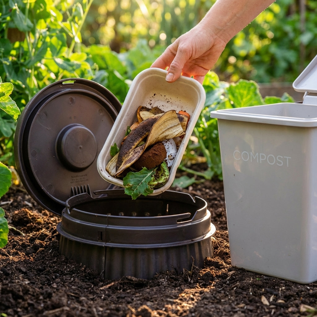 A hand adds food scraps to the Tumbleweed Worm Buffet In Ground Worm Farm in a lush garden, demonstrating kitchen waste composting.