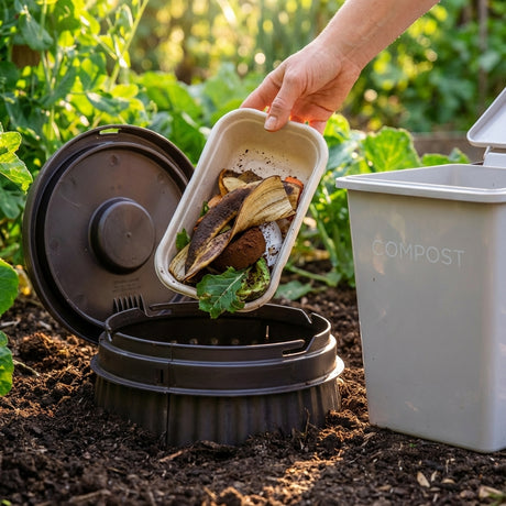 A hand adds food scraps to the Tumbleweed Worm Buffet In Ground Worm Farm in a lush garden, demonstrating kitchen waste composting.