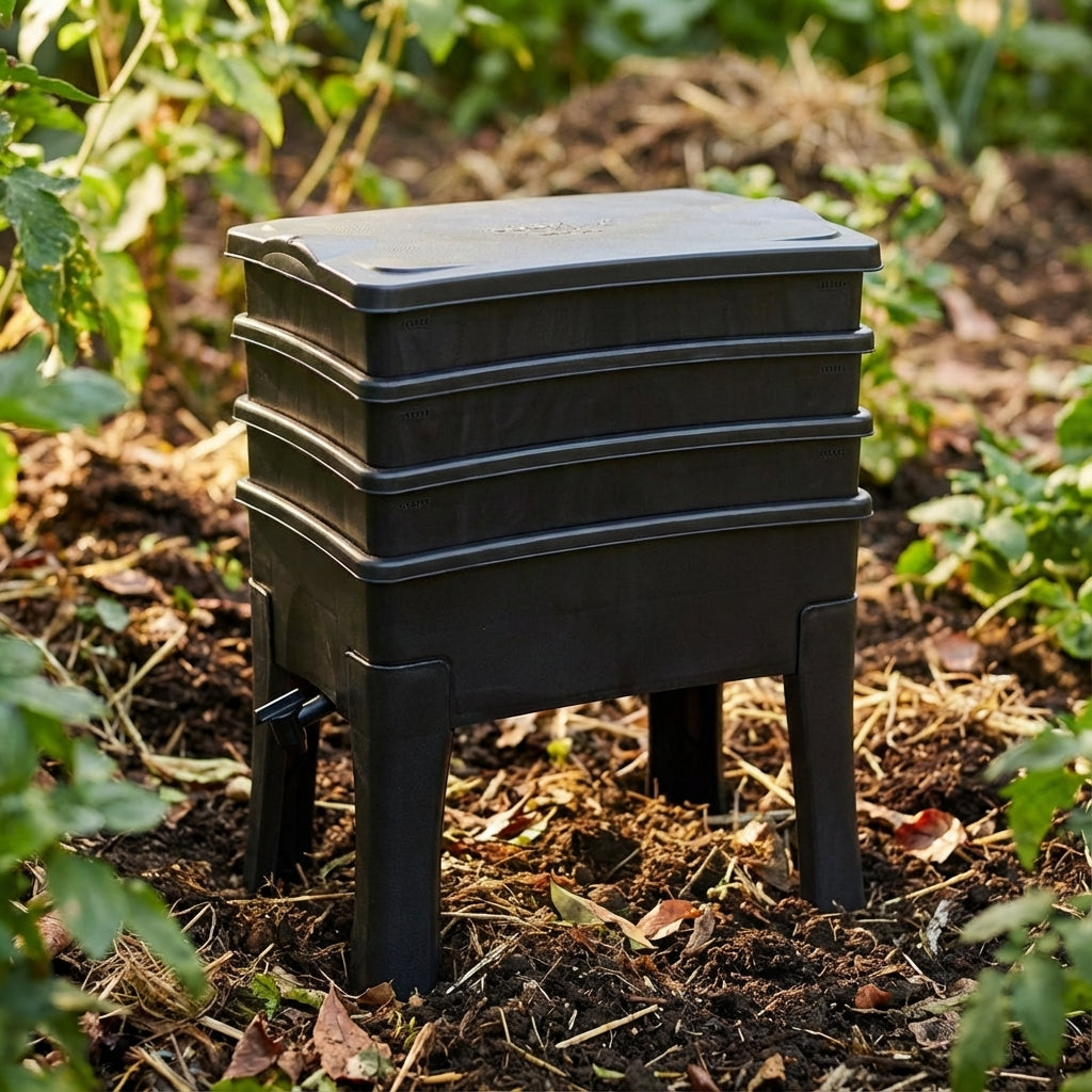 The Tumbleweed Worm Cafe (Copy), a black composting bin, sits in a garden among green plants and soil, transforming kitchen waste into nutrient-rich worm castings.