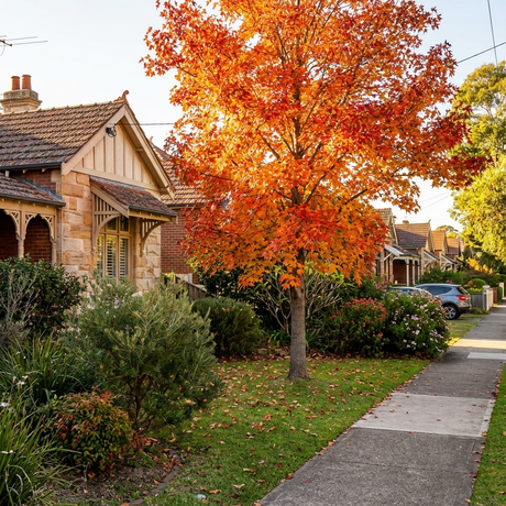 A Tupelo Tree - Nyssa sylvatica showcases brilliant autumn foliage in front of a suburban home on a sunny fall day.