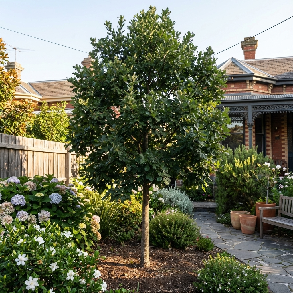 A Turkey Oak - Quercus cerris grows in the garden, its leafy branches providing shade over flowers and shrubs, with a brick house visible behind.