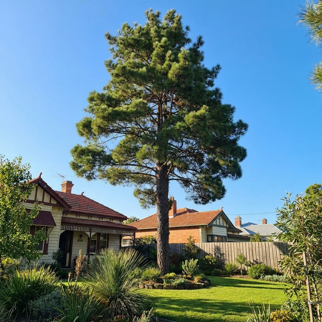 A Turkish Pine (Pinus brutia), a tall evergreen conifer, stands in a green yard by a red-roofed house beneath clear skies, adding Mediterranean charm to the landscape.
