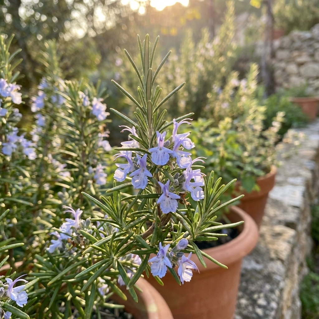 Close-up of Tuscan Blue Rosemary - Rosmarinus officinalis 'Tuscan Blue', a fragrant herb with purple blooms in terracotta pots outdoors, basking in sunlight.
