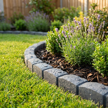 Close-up of a garden bed featuring Tuscan Path 1.2m x 8cm Roman Stone Edging, green shrubs, lavender flowers, and freshly cut grass.
