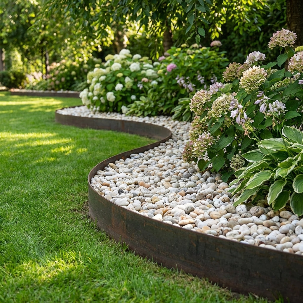 Curved garden border featuring Tuscan Path 30 to 50mm 15kg White Pebbles and flowering plants beside a lush green lawn—ideal for creative landscaping projects.