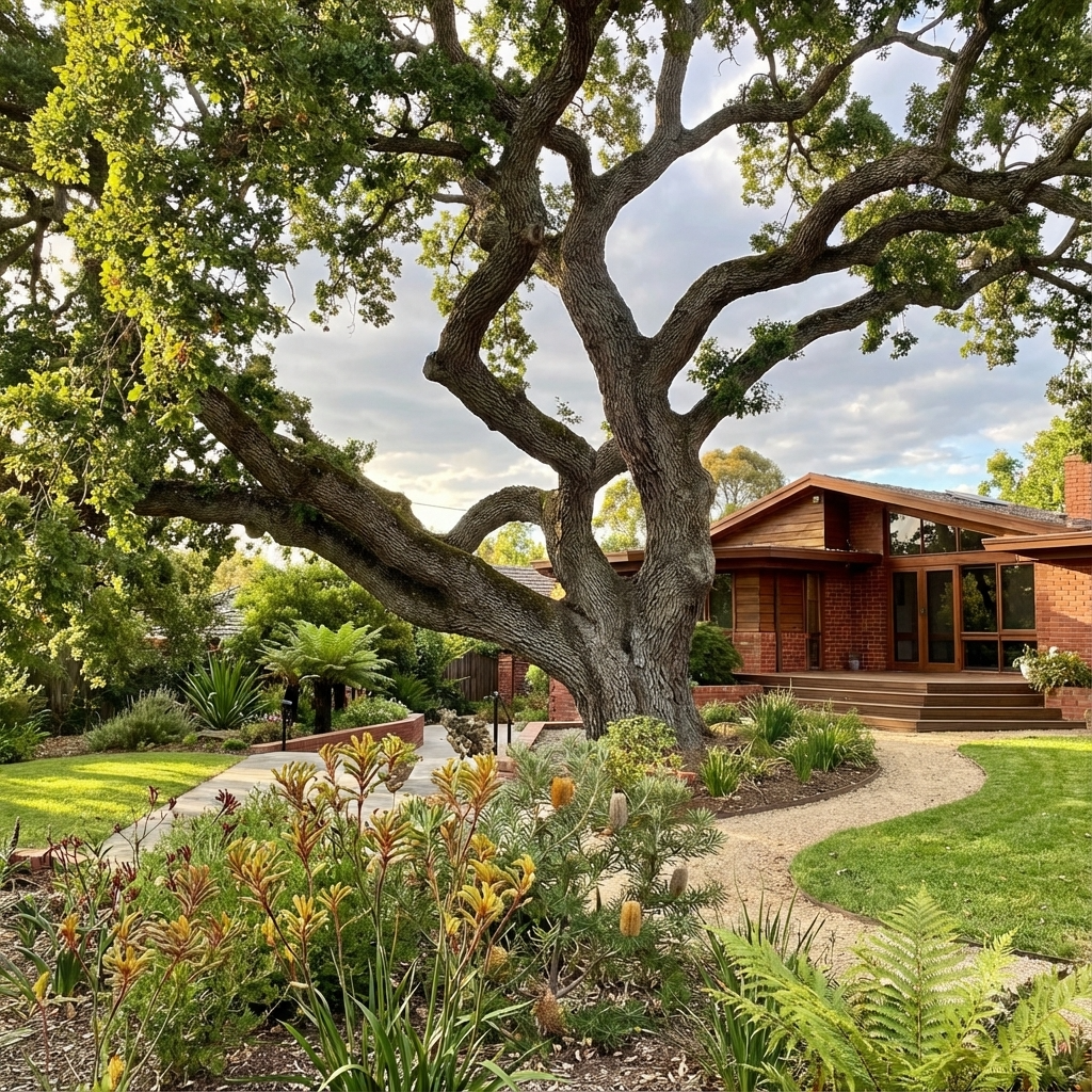 A Valley Oak - Quercus lobata stands out as a stunning feature tree, offering shade to a vibrant garden in front of a modern brick home with large windows and an inviting path.