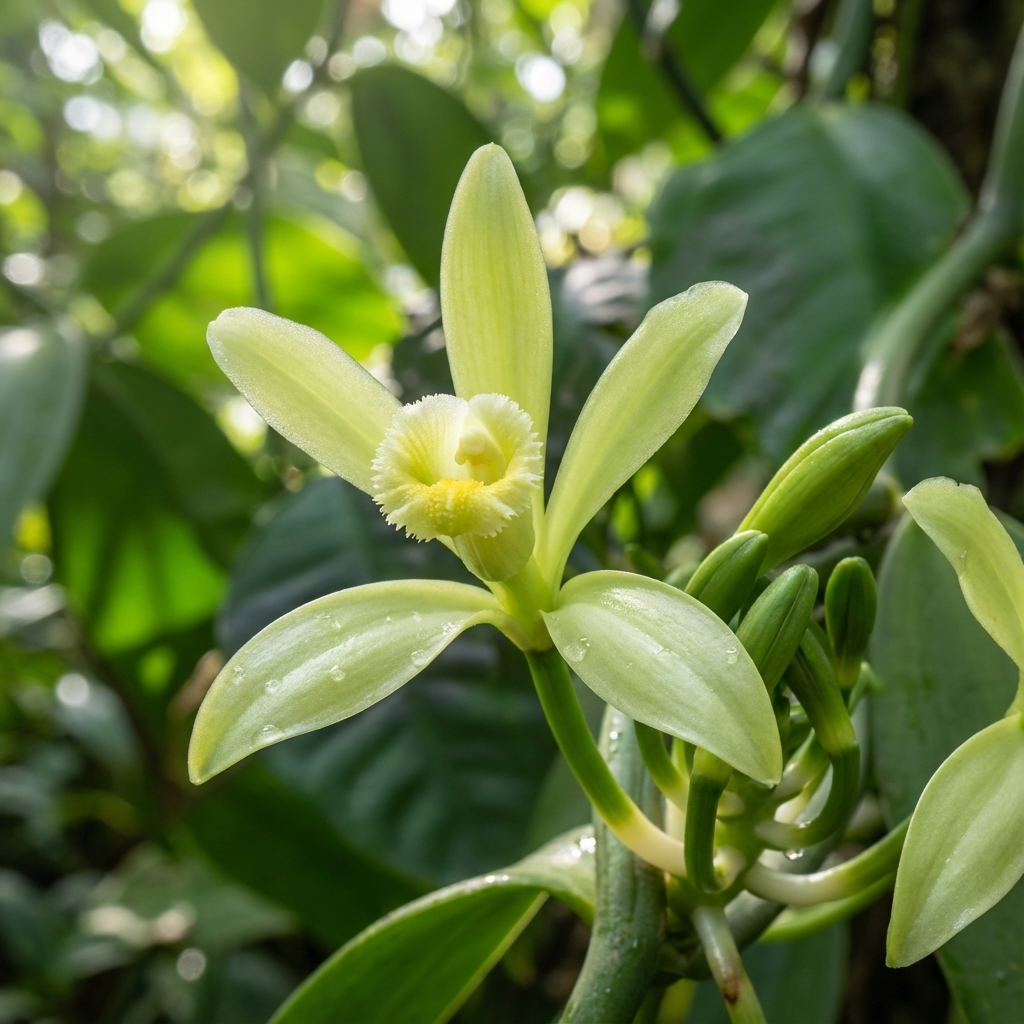 A pale yellow Vanilla Orchid (Vanilla planifolia) blooms with dewy petals amid green leaves, showcasing the tropical climbing plant that yields highly valued vanilla beans.