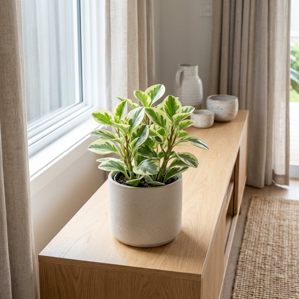 The Variegated Baby Rubber Plant - Peperomia obtusifolia 'Alba Variegata', a low-maintenance houseplant, sits in a pot on a wooden table by the window, surrounded by neutral decor and bathed in natural light.