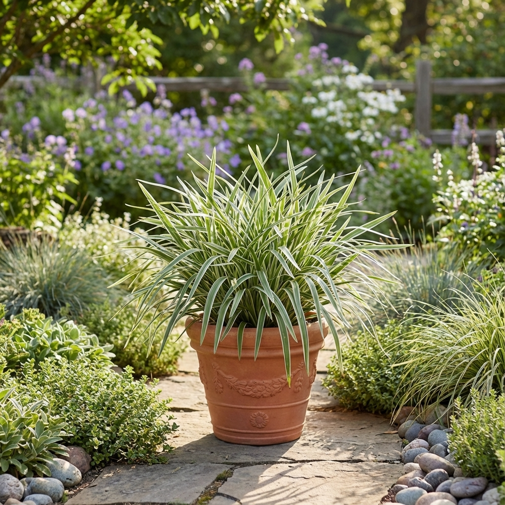 A potted spider plant sits on a stone path in a vibrant garden with green foliage, flowers, and drought-tolerant plants like the Variegated Flax Lily - Dianella ‘Silver Streak’.