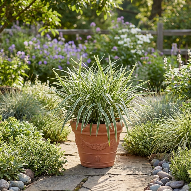 A potted spider plant sits on a stone path in a vibrant garden with green foliage, flowers, and drought-tolerant plants like the Variegated Flax Lily - Dianella ‘Silver Streak’.