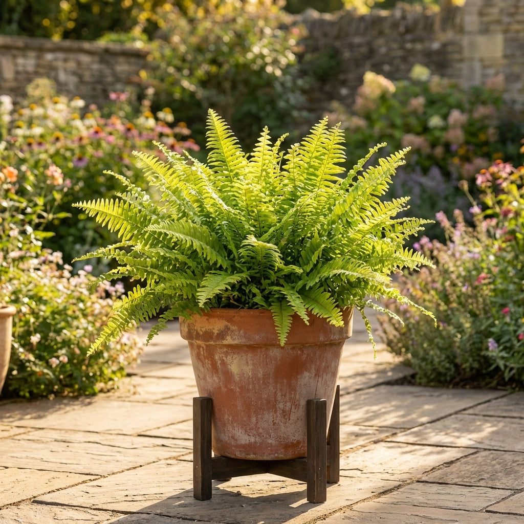 A Variegated Giant Sword Fern - Nephrolepis biserrata Variegata in a terracotta pot on a stand, displayed on a sunlit stone patio—ideal for adding lush, tropical garden vibes to your outdoor area.