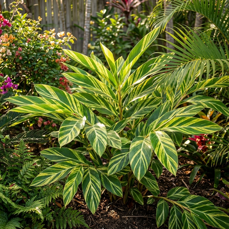 A lush garden showcases Variegated Shell Ginger (Alpinia zerumbet 'Variegata'), a tropical plant with green and yellow striped leaves, surrounded by flowers—ideal as a colorful privacy screen.