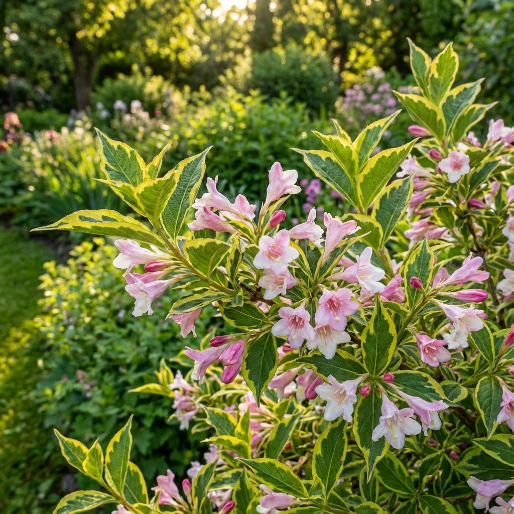 Pink flowers bloom on the Variegated Weigela - Weigela florida ‘Variegata’, a low maintenance shrub, adding charm to a sunlit, green garden.