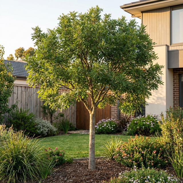 A Velvet Ash (Fraxinus velutina), valued for its drought tolerance, stands in the neatly landscaped front yard next to a modern house.