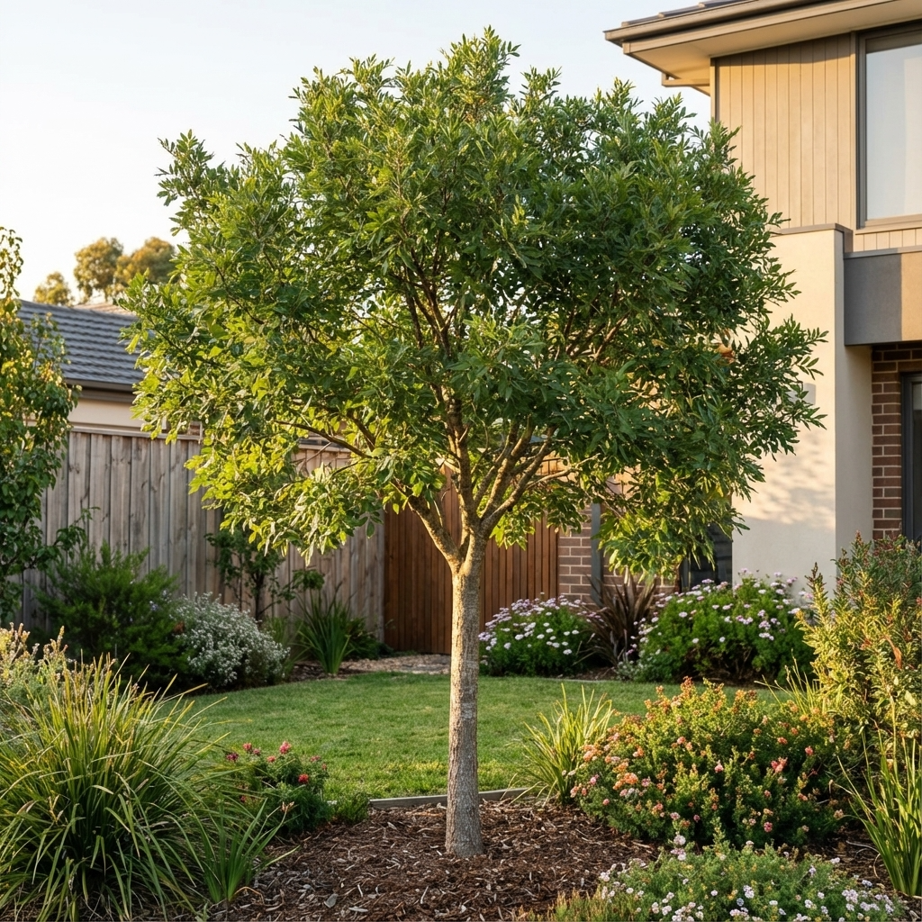 The Velvet Ash - Fraxinus velutina, a drought-tolerant tree with green leaves, stands in a neat suburban yard by a modern house and garden beds, providing an attractive shade option.