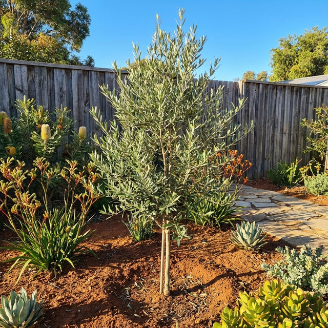 A Verdale Olive (Olea europaea ‘Verdale’) grows in a sunny Mediterranean garden, surrounded by succulents and native plants, with a wooden fence behind.