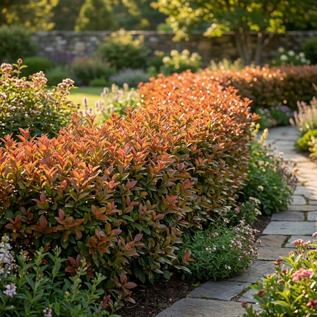 Sunlit garden with Viburnum ‘Dense Fence’ fast-growing shrubs creating a red-tipped privacy screen along a curved stone path, surrounded by blooming flowers.