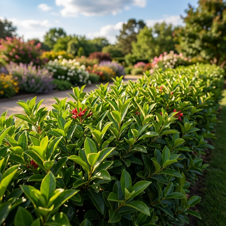 Close-up of Viburnum ‘Quick Fence’, an evergreen shrub with small red flowers in a sunny, colorful garden. Perfect for privacy screening, shown with a pathway and trees in the background.
