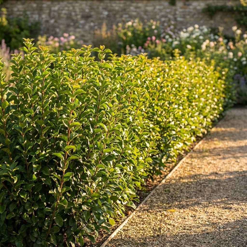 A neatly trimmed Viburnum ‘Thin Fence’ forms a slim privacy hedge along a gravel garden path, with flowers and a stone wall in the background.