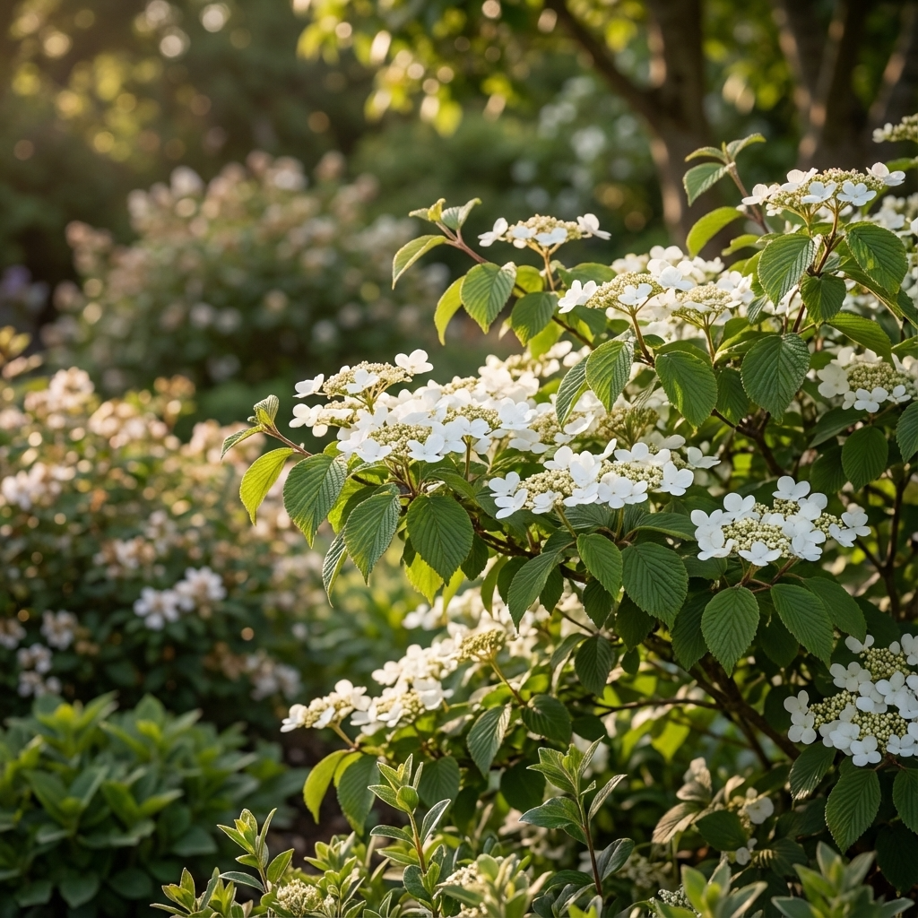 Viburnum plicatum ‘Lanarth’ showcases clusters of lacecap white flowers amid lush green foliage, creating a striking feature in any sunlit garden.