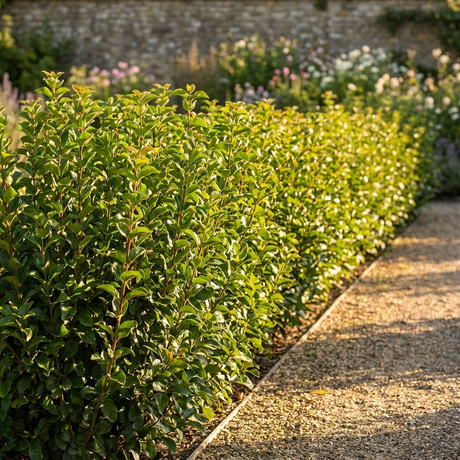 A neatly trimmed Viburnum ‘Thin Fence’ shrub, a favored evergreen screen, borders a gravel path in a sunlit garden with flowers in the background.