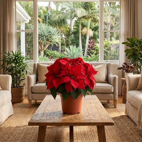 Viking Poinsettia - Euphorbia pulcherrima ‘Viking’ with striking red leaves brightens any indoor space, making it an ideal feature plant for festive décor in your home.