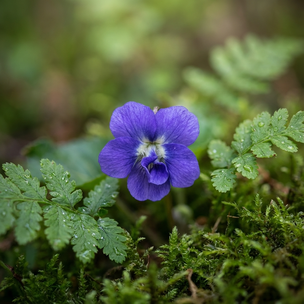 A single Viola odorata ‘Lady Hume Campbell’, a fragrant and shade-tolerant violet, blooms among green ferns and moss on the forest floor.