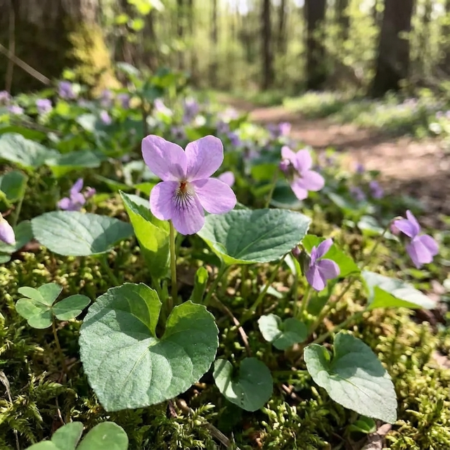 Pink Violet - Viola ‘Rosina’ features heart-shaped leaves and shade-tolerant growth, thriving in a sunlit forest clearing with pink-violet blooms and a blurred path in the background.