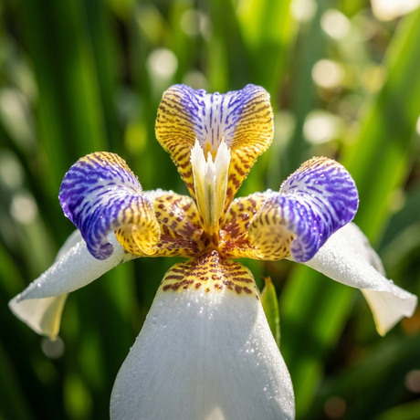 Close-up of a blooming Walking Iris - Neomarica gracilis, a low-maintenance plant with white petals and intricate purple and yellow patterns that resemble orchid-like flowers.