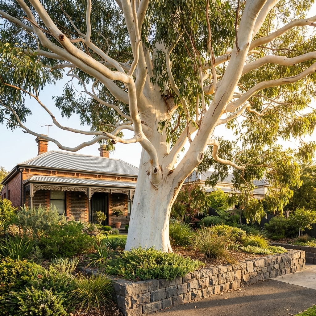 The Wallangarra White Gum (Eucalyptus scoparia) is a large Australian native tree with white bark, ideal for gardens and often seen in front of homes.