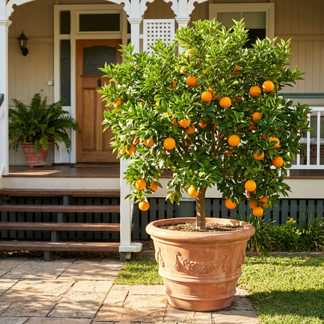 A Washington Navel Orange Tree - Citrus sinensis in a pot adds vibrant color to the patio with its seedless oranges, brightening the wooden porch.