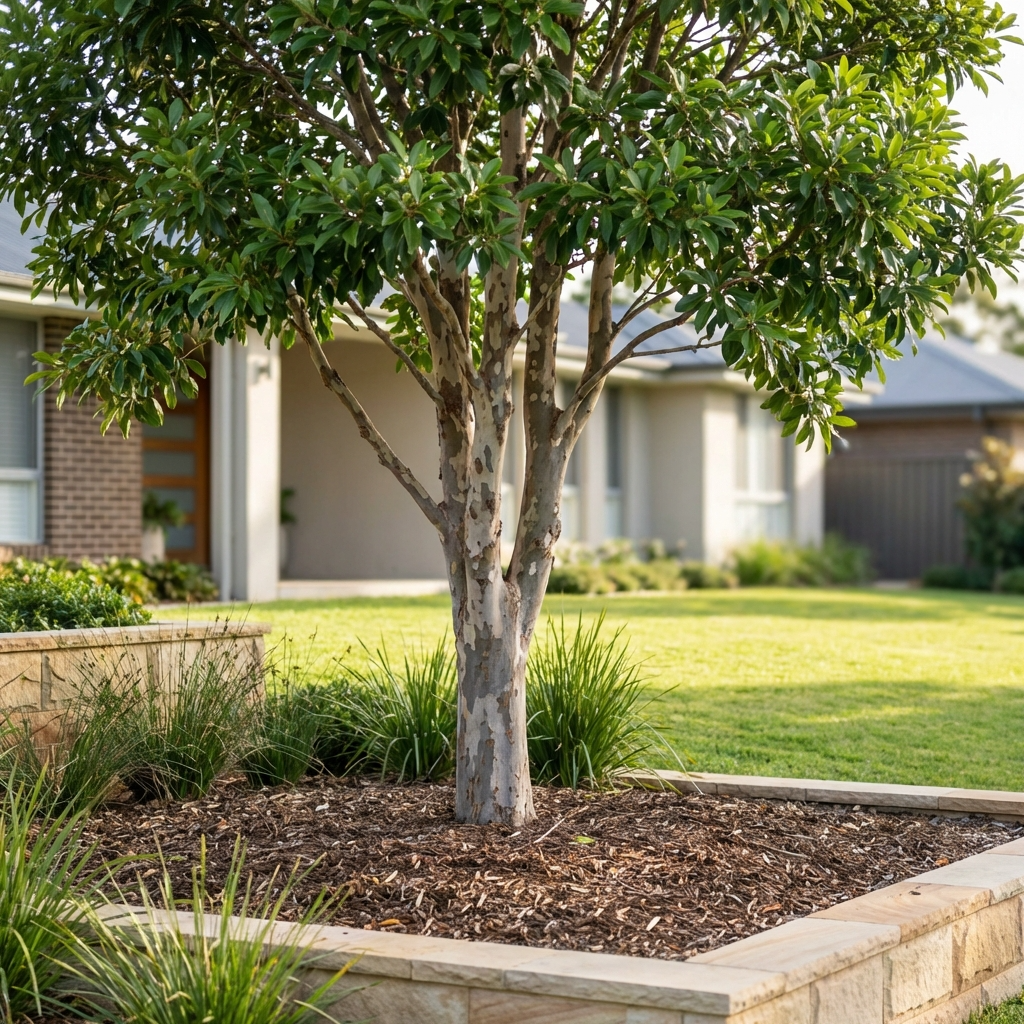 A Tristaniopsis laurina (Water Gum Tree), an Australian native evergreen, is planted in a neat suburban yard’s mulched, stone-bordered garden bed.