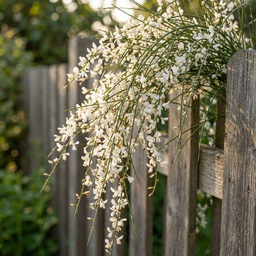 Weeping Bridal Veil (Genista monosperma) showcases delicate white flowers on slender stems, cascading over a weathered wooden fence in sunlight.