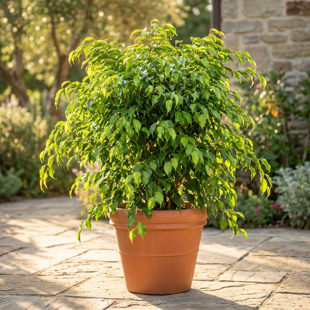 A Weeping Fig - Ficus benjamina ‘Midnight Petite’ sits on a sunny stone patio with a garden in the background.