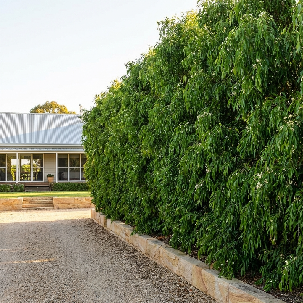 A row of dense Weeping Lilly Pilly Trees (Waterhousia floribunda) lines a gravel driveway by a modern metal-roofed house, forming a lush natural privacy screen.