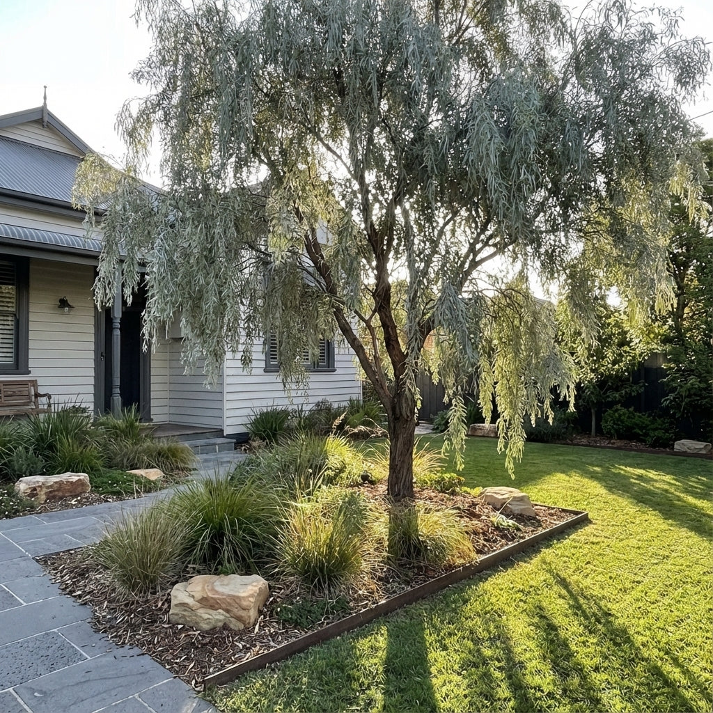 A sunlit garden featuring the Weeping Myall (Acacia pendula), lush plants, a green lawn, and a stone path in front of a white house.