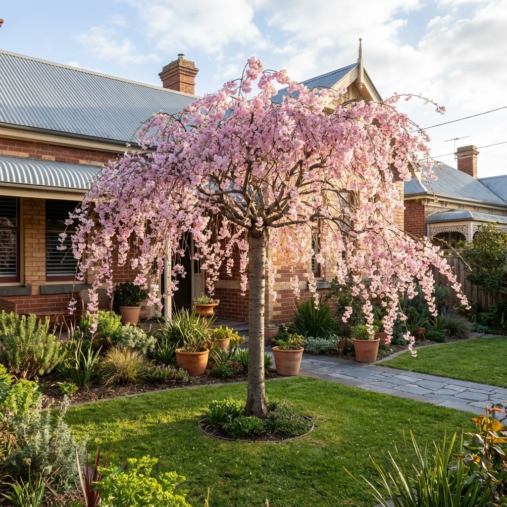 A Weeping Pink Cherry - Prunus subhirtella ‘Pendula Rosea’ with pink blossoms stands in a garden in front of a brick house.