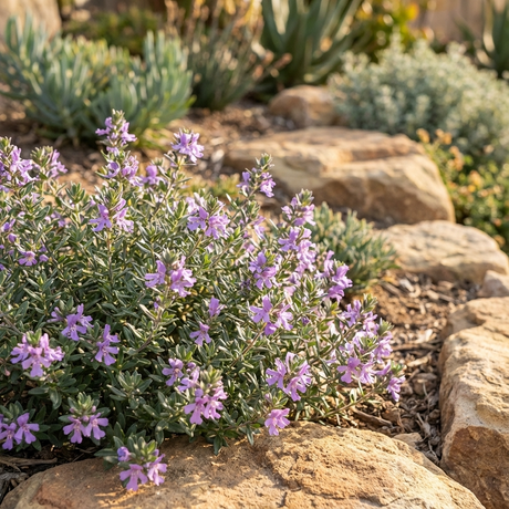 Blue Gem Coastal Rosemary (Westringia fruticosa ‘Blue Gem’) is a compact Australian native shrub with purple flowers, ideal for sunny, dry gardens among succulents and rocks. Perfect for bright landscapes needing low water.