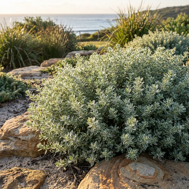 Low maintenance Australian native shrub, Sea Mist Coastal Rosemary (Westringia glabra ‘Sea Mist’), features silvery-green foliage and thrives among rocks, with ocean views and greenery in the background at sunset.