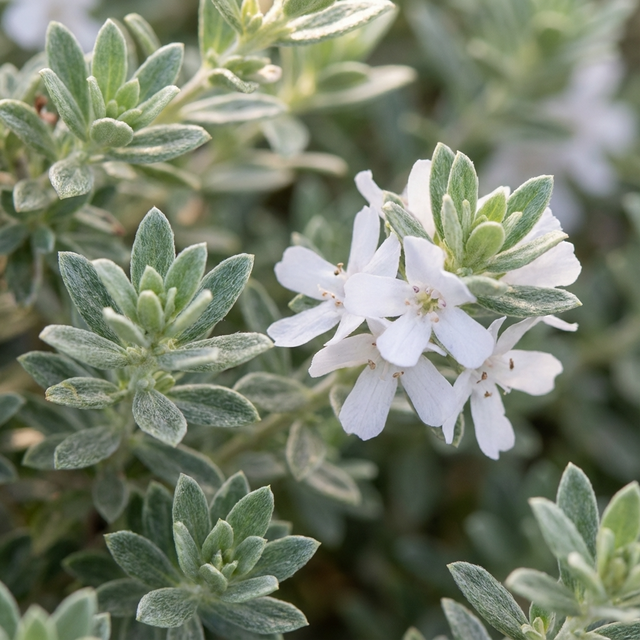 Small white flowers bloom among green, narrow-leaved foliage on the low maintenance Smokie Variegated Coastal Rosemary – Westringia fruticosa ‘Smokie’, an attractive Australian native hedging plant.