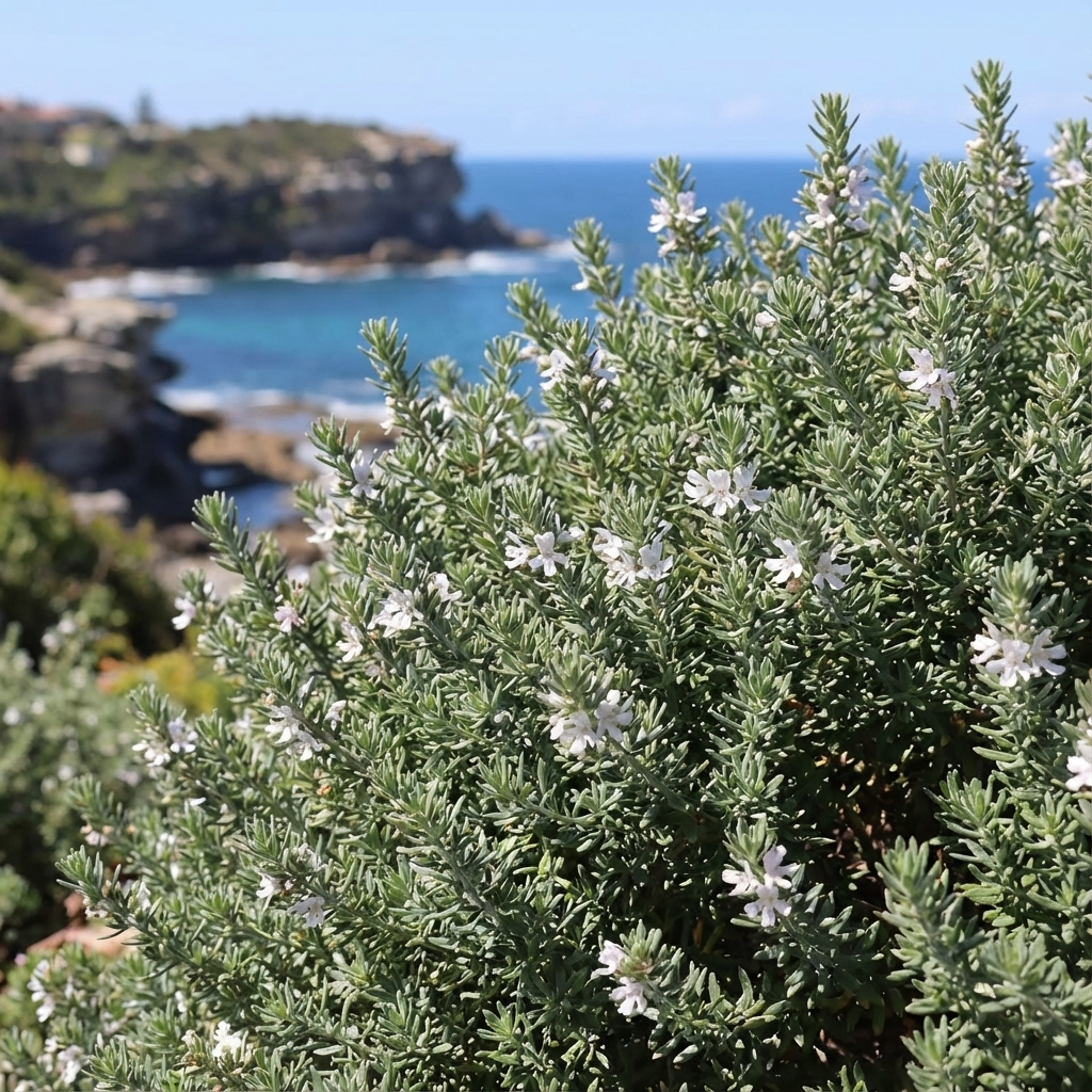 Coastal Rosemary (Westringia fruticosa), a low-maintenance green shrub with small white flowers, is shown in focus against a backdrop of coastal cliffs and blue ocean.